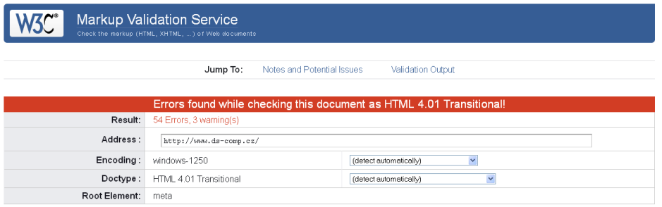 Obr. 3: Kontrola HTML kódu validátorem.