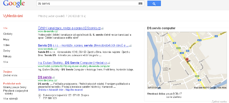 vyhledávat ve fulltextovém vyhledávači Google ds servis či různé kombinace, mapa se zobrazí v pravé části výsledku vyhledávání. Obr. 6: Výsledek vyhledávání s ukázkou mapy.