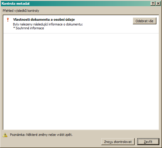 Aktivujeme tlačítko Zkontrolovat. Výsledek můžete vidět v dialogu Kontrola Metadat.