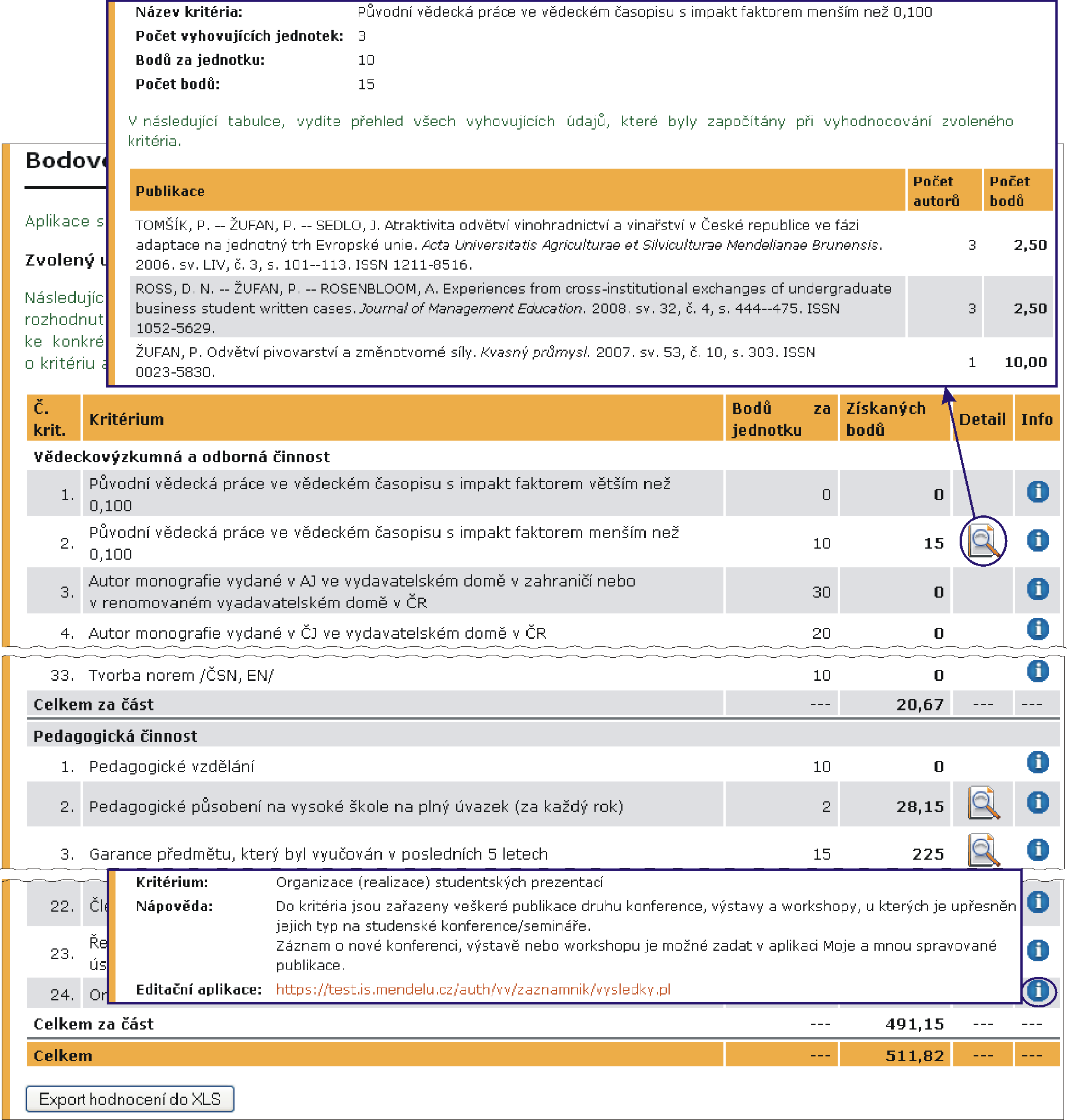 4 Bodové evaluace Systém bodové evaluace umožňuje podle předem daných pravidel a na základě uživatelem vložených dat automaticky přidělit body a ohodnotit vědecko-výzkumného pracovníka.