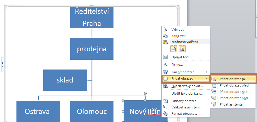 21. Přidejte do struktury organizačního diagramu mezisklad k prodejně Ostrava (tvar pomocník nebo-li asistent).