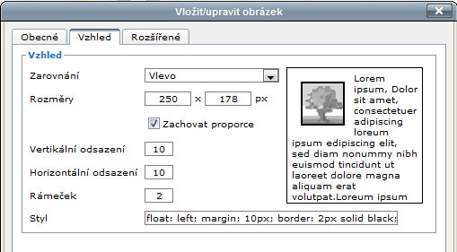 Nastavení obrázků Na kartě Vzhled si můžete upravit některé vlastnosti obrázku, náhled uvidíte na pravé straně okna. Zarovnání určuje polohu obrázku vzhledem k okolnímu obsahu.
