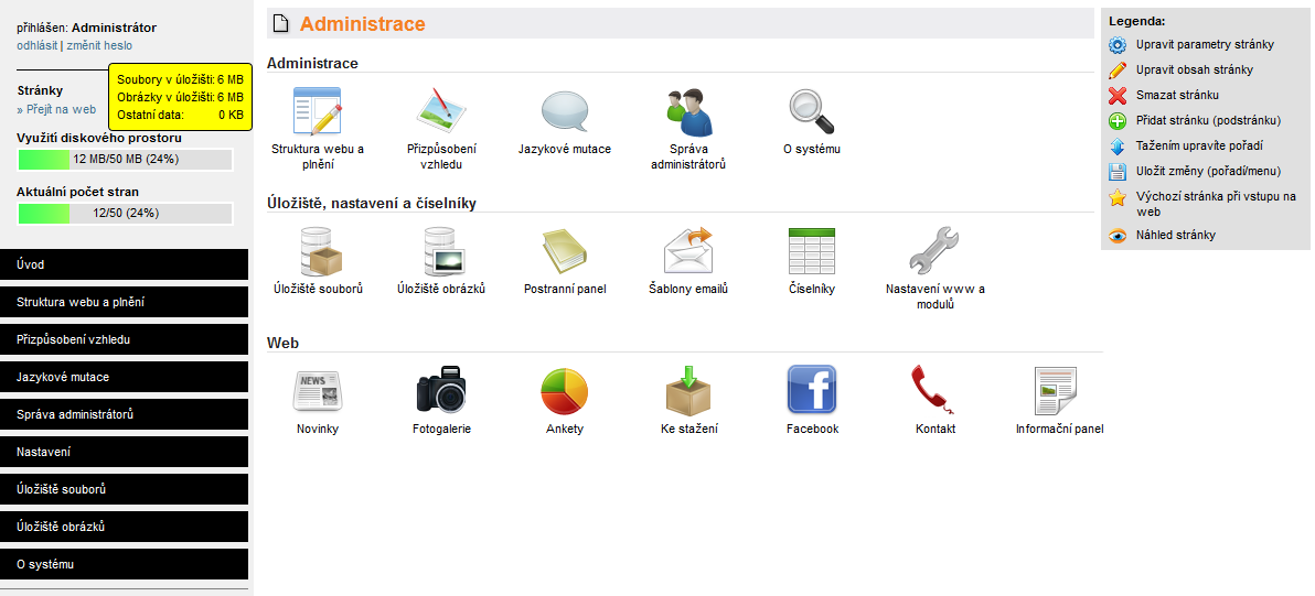 2. Administrace Po vložení přihlašovacího jména a hesla se dostanete úvodní stránku administrace.