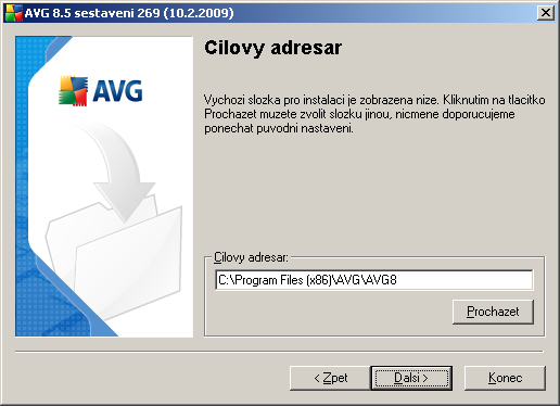 3.6. Uživatelská instalace - Cílový adresář Dialog Cílový adresář vám dává možnost určit, kam má být program AVG instalován.
