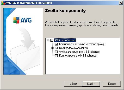3.7. Uživatelská instalace - Zvolte komponenty V dialogu Zvolte komponenty je zobrazen přehled komponent AVG, které můžete nainstalovat.