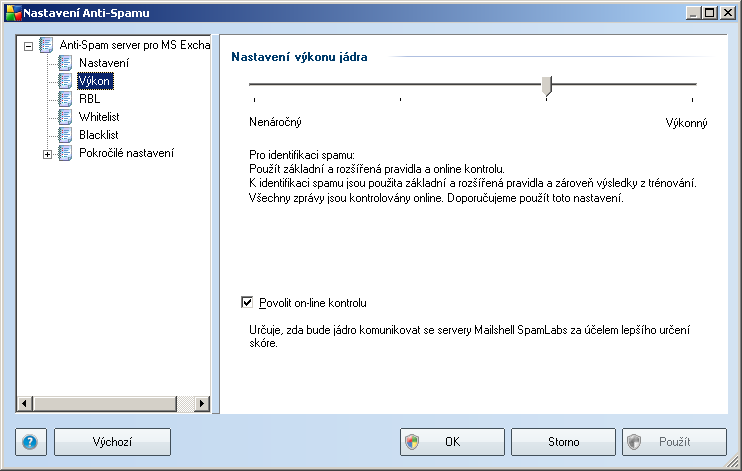 8.4. Výkon Dialog Nastavení výkonu jádra (odkazovaný položkou Výkon) nabízí možnost konfigurace parametrů výkonu komponenty Anti-Spam.