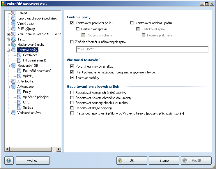 9. Kontrola pošty Konfigurace komponenty Kontrola pošty se provádí z prostředí AVG. V hlavním menu aplikace zvolte položku systémového menu Nástroje/Pokročilé nastavení.