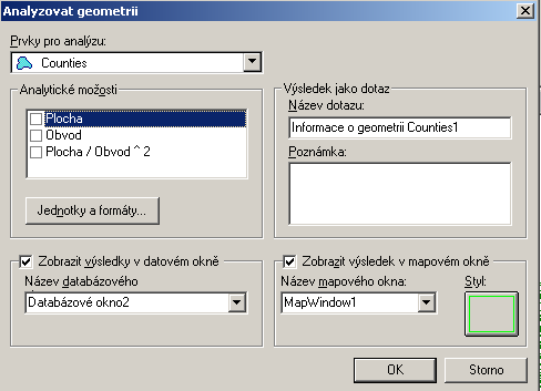 4 Analýza geometrie Funkce analýza geometrie (Analyze Geometry) spočítá základní údaje o geometrii vybrané třídy prvků či dotazu a zobrazí je opět ve formě dotazu.