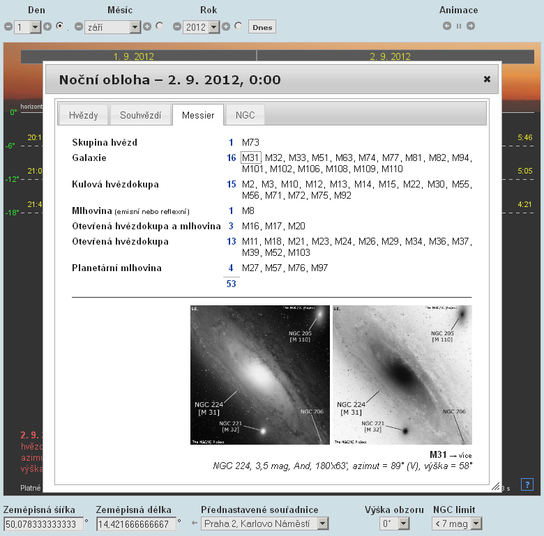 Na obrázku vpravo je seznam Messierových objektů viditelných nad obzorem. Jsou rozděleny do skupin podle typu objektu.