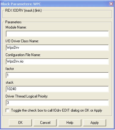V druhém bloku WPC typu IODRV, připojeném na výstup Drivers exekutivy stačí zadat následující parametry: classname jméno třídy ovladače, které se pro tento ovladač zadává WpcDrv.