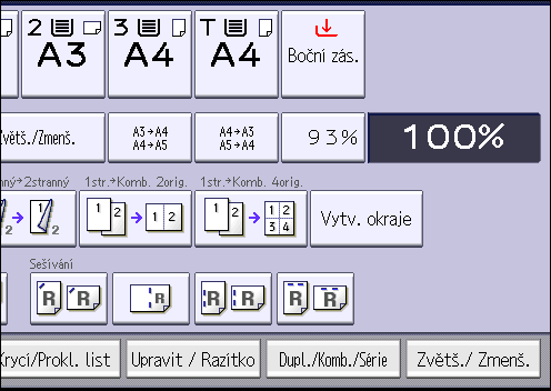 3. Kopírování CKN074 Existuje 6 typů oboustranné kombinace. 1stranně 4 originály Komb. 2str. Zkopíruje čtyři jednostranné originály na jeden list se dvěma stránkami na každé straně.