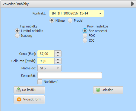 Časová restrikce Good for trading session GFS Platnost nabídky není časově omezena a nabídka zůstává v knize