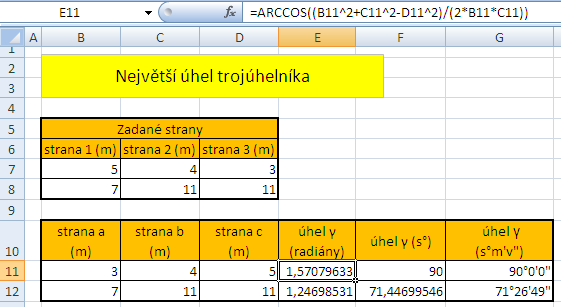 Výpočet největšího úhlu v trojúhelníku Výpočet vychází z kosinové věty.