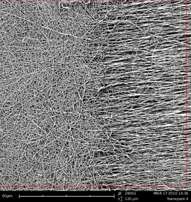 A Obr. 16: A Detail speciálního kolektoru s nanovlákennou vrstvou, vytvořená nanovlákenná vrstva s řetízkovým vzorem, snímek SEM nanovlákenné vrstvy pomocí elektronového mikroskopu.