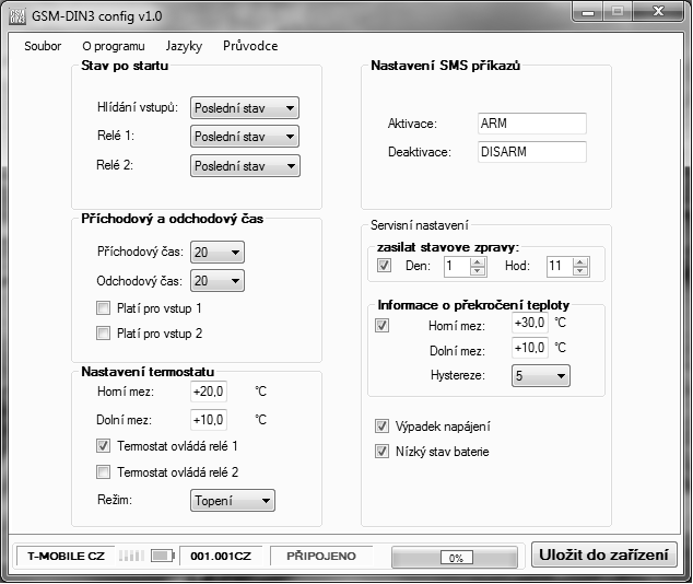 Rozšířené nastavení programu GSMDIN3 config Stav po resetu - nastavení aktivace/deaktivace a stavu výstupů po zapnutí / resetu