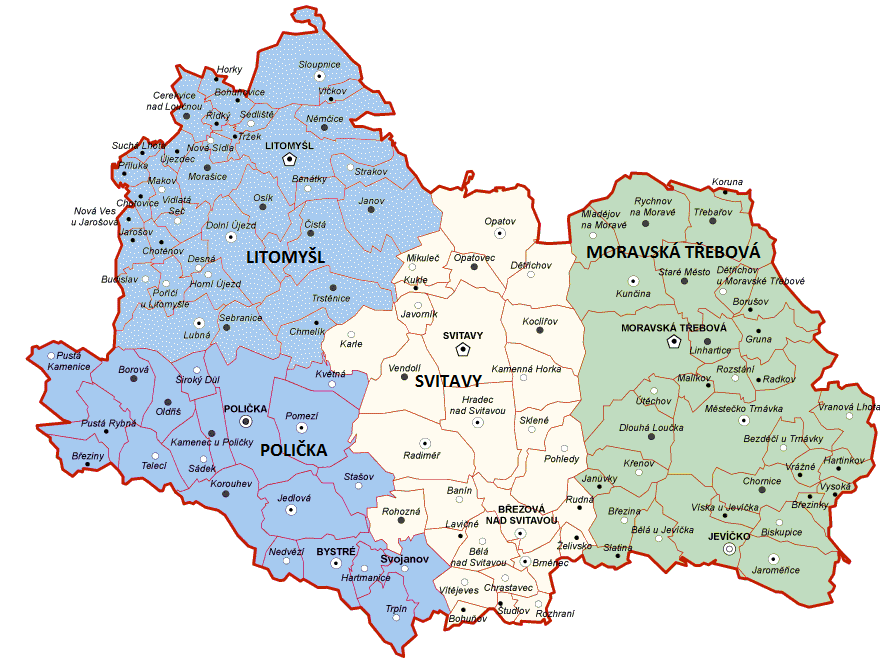 26 Pardubický kraj 4.1 Okres Svitavy Okres Svitavy se skládá již od roku 1960 ze 4 celků, bývalých okresů, a to Litomyšl, Polička, Moravská Třebová a Svitavy. Což lze vidět v následující mapce.