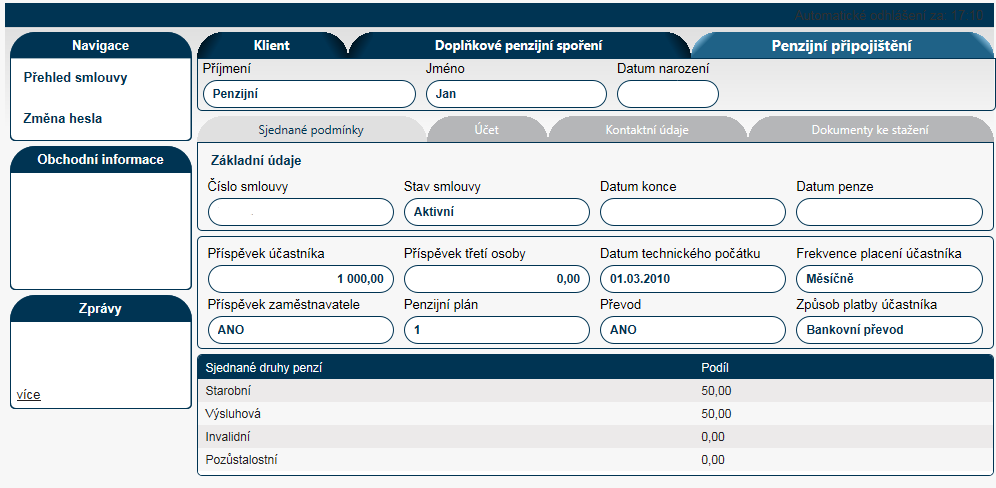 3.3. Penzijní připojištění Informace o Vaší smlouvě o Penzijním připojištění. Zobrazené informace jsou rozdělené do několika záložek, mezi kterými můžete kliknutím na záložku přepínat.