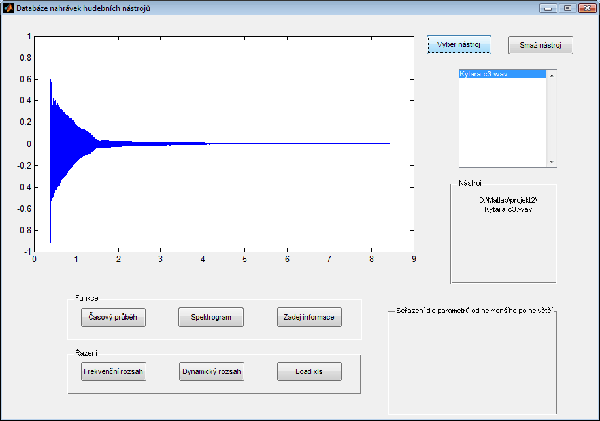 Obr. A.2: Výběr nahrávky Obr. A.3: Zobrazení časového průběhu Nastane-li z jakéhokoli důvodu nutnost nástroj odstranit, lze tak provést opět v pravém horním rohu aplikace.