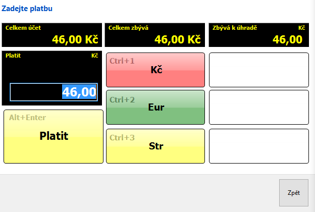 Při potvrzení tlačítka Platit se provede uhrazení částky v přednastavené domácí měně. Tím se účet ukončí a vytiskne se účtenka pro zákazníka / hosta Můžeme zadat i nabízenou částku.