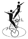 2161-2164 zvednuté kolo sed na řidítkách Jezdci sedí v řidítkách čelem k přednímu kolu, obě nohy na pedálech.