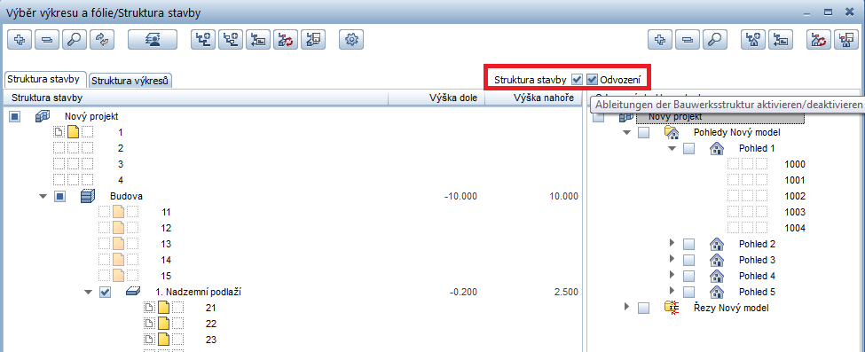 2 Základní informace Allplan 2015 Základní informace Struktura stavby a odvození V dialogu Otevřít a aktivovat, karta Struktura stavby, můžete nyní samostatně aktivovat obě části Struktura stavby