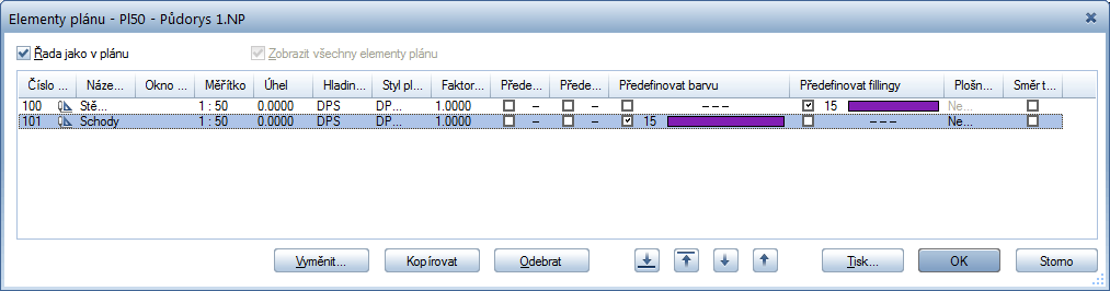 12 Zpracování plánu Allplan 2015 Předefinování fillingů ploch Ve funkci Seznam elementů plánu a také v dialogu vlastností nebo v paletě Vlastnosti můžete navíc k pero, čára a barva předefinovat