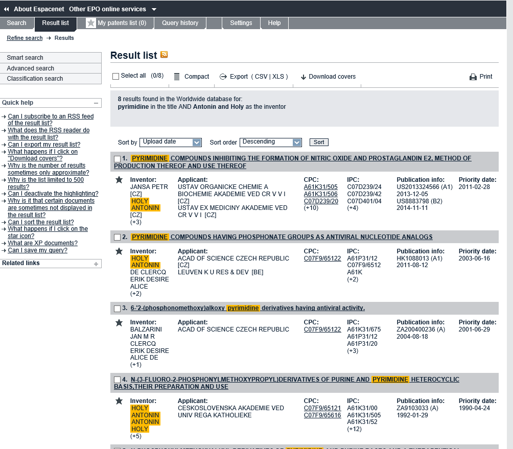 Obrázek 18: Databáze Espacenet Result list Zdroj: EPO (www.epo.org) Záznam k dokumentu se otevírá kliknutím na jeho název dokumentu.