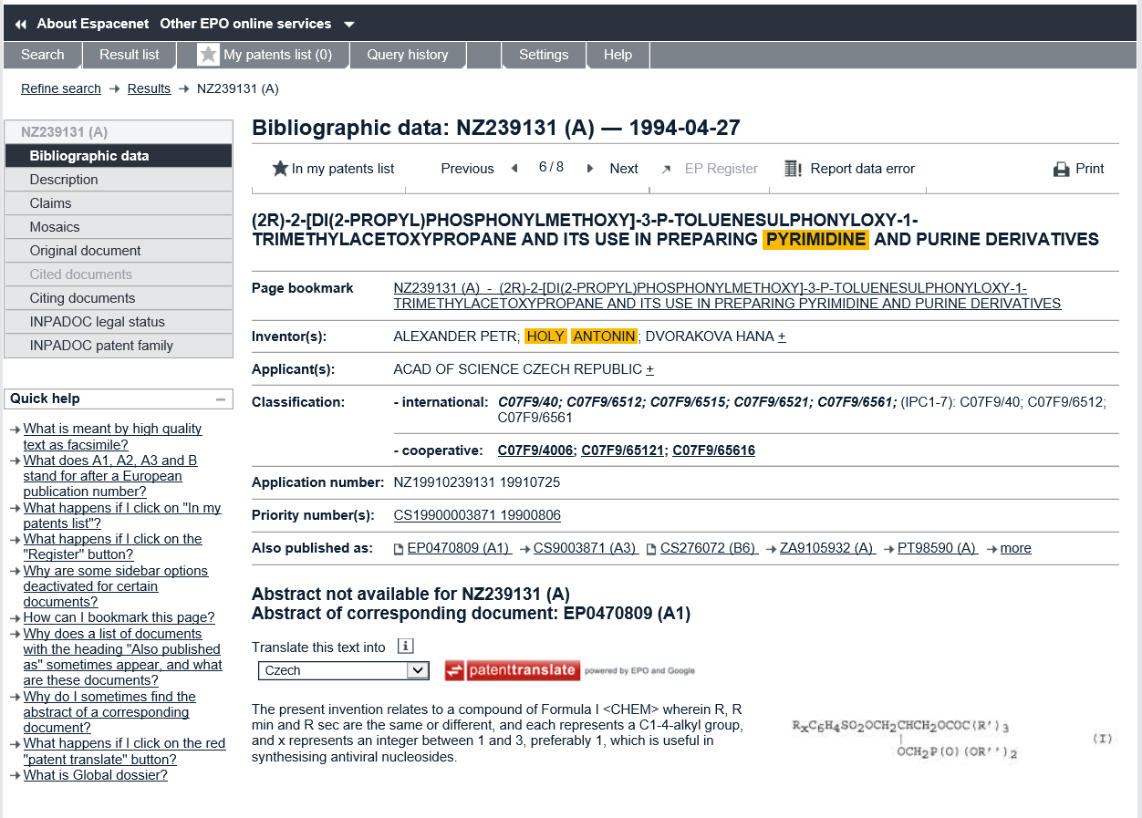 Obrázek 19: Databáze Espacenet bibliografický záznam Zdroj: EPO (www.epo.