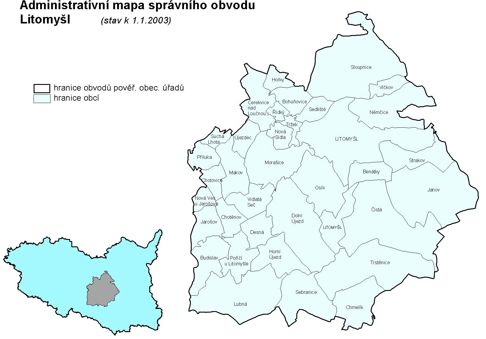 Správní obvod Litomyšl leží ve střední části Pardubického kraje, na severu hraničí s obcemi Ústeckoorlicka, na východě sousedí s Českotřebovskem a Svitavskem.