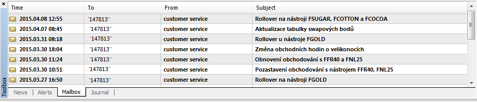 Uživatelské instrukce obchodní platformy BOSSAFX Multiterminal Strana 12 C) Mailbox - Poštovní schránka Poštovní schránka slouží k rozesílání důležitých informací ohledně systému BOSSAFX, respektive