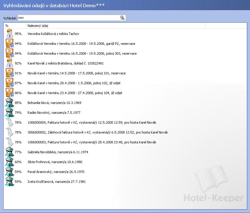 52 9 Vyhledávání údajů v programu Při využití této funkce bude prohledána kniha hostů, firem, ubytovací kniha, vystavené doklady, databáze podvodníků i zboží na skladě.