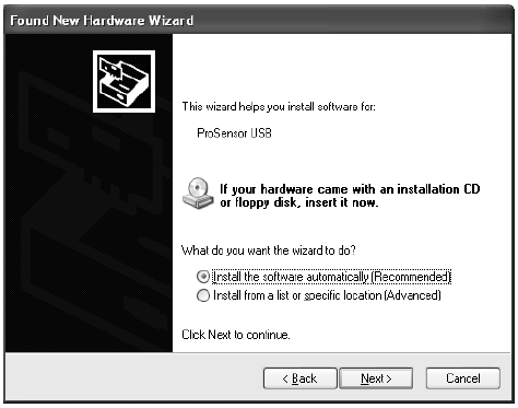 NASTAVENÍ SYSTÉMU PRO USB INTERFACE 7.4 Instalace Planmeca ProSensor USB ovladačů do PC 1. Připojte Řídící box ProSensoru (SW verze 2.0.1.R) do PC. Spustí se průvodce instalací.
