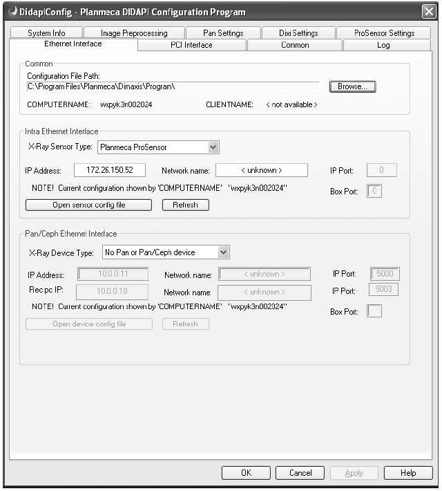 8.3 Konfigurace Ethernet interface Planmeca ProSensor KONFIGURACE A MONITOROVÁNÍ OVLADAČŮ (DIDPAI) Ethernet Interface ProSensoru je možno konfigurovat v záložce Ethernet Interface.