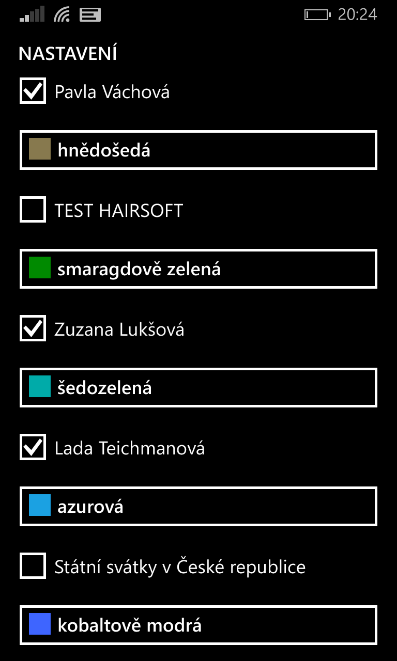 - Nyní otevřete kalendář Windows Phone a vyberte v dolní části tlačítkem Nastavení - Vyberte načtené kalendáře, které chcete zobrazovat v telefonu.