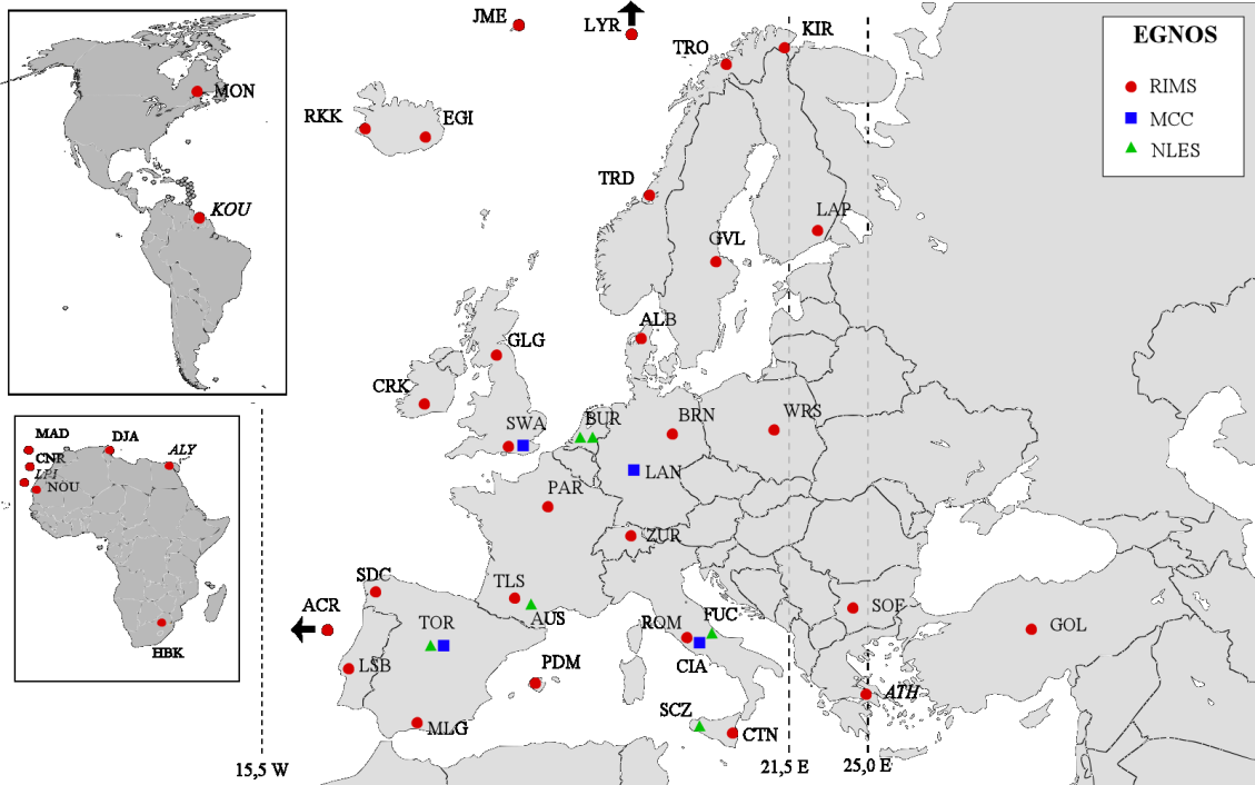 Obrázek 4: Mapa pozemních monitorovacích stanic systému EGNOS [14] Účelem zavedení systému EGNOS je zvyšovat přesnost signálu GPS pomocí odstranění chyb, které vznikají při přechodu signálu