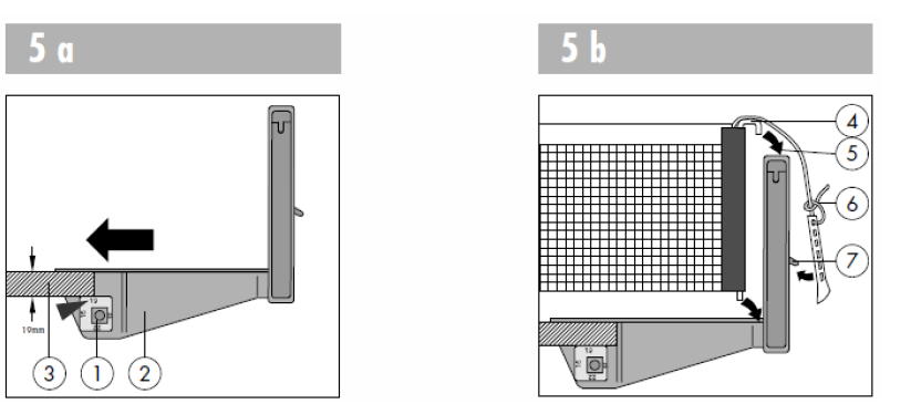 1. Nastavovací knoflík, vytáhněte knoflík off a nastavte požadovanou tloušťku (tj. 19 mm) 2. Posuňte stojánky mezi polovinami stola (3). 4. Zasuňte napínací kolík přes okraj sítě. 5.