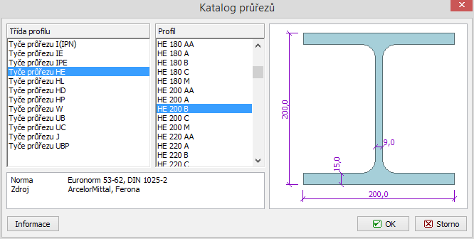 Dialogové okno "Zadávání sloupu" Objeví se dialogové okno "Katalog průřezu" s databází dostupných profilů.