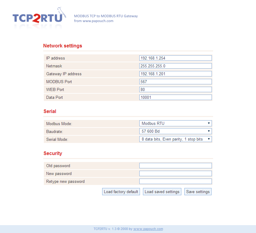TCP2RTU KONFIGURACE TCP2RTU se konfiguruje přes interní WEBovou stránku. Ta je dostupná na IP adrese zařízení (výchozí adresa nastavená z výroby je 192.168.1.254).