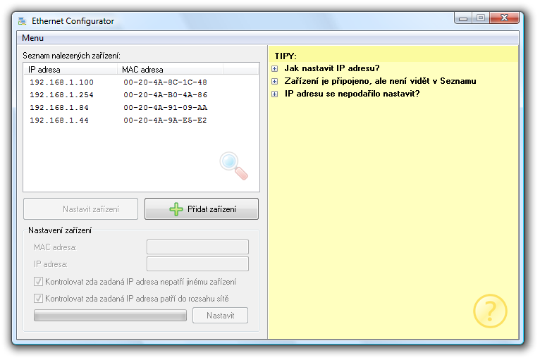 TCP2RTU ZMĚNA IP ADRESY IP adresu je možné změnit jedním ze tří způsobů: Přes WEBové rozhraní Softwarem Ethernet configurator Protokolem ARP a Telnetem WEBové rozhraní nemusí být při prvním zapojení