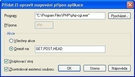 Vyhledejte nainstalovaný program php-cgi.exe Zadejte příponu.