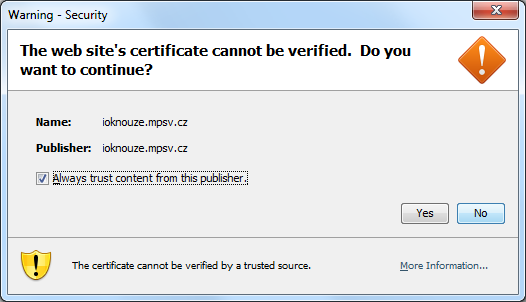 2 PŘED SPUŠTĚNÍM APLIKACE 1. Při načtení spouštěcí stránky OKNouze je nutné potvrdit, že důvěřujeme stránce, kterou chceme zobrazit. Je to způsobeno tím, že certifikát není v seznamu důvěryhodných.
