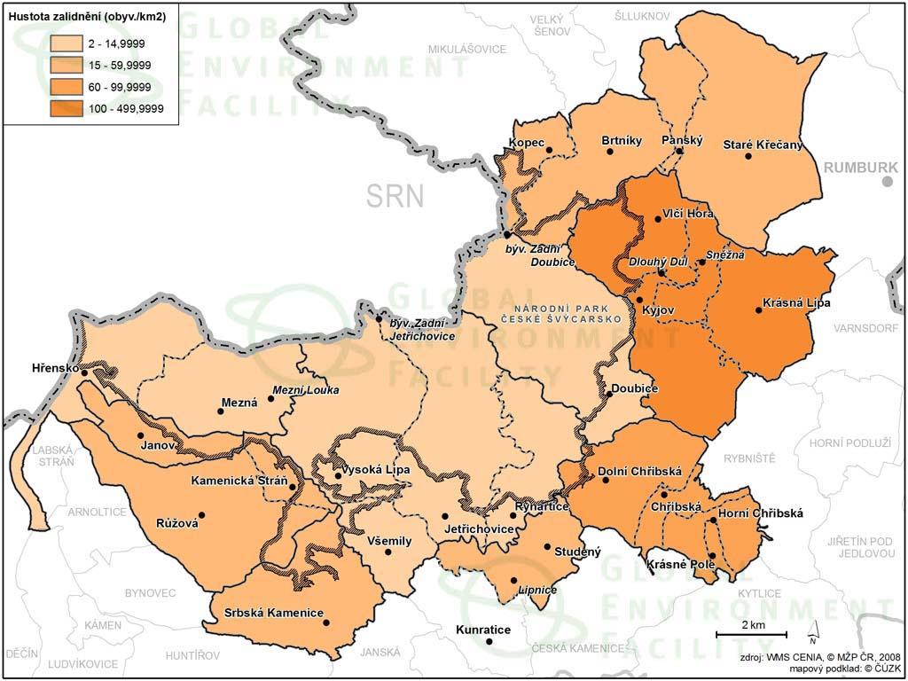 Podle předběţných výsledků Sčítání lidu, domů a bytů v roce 2011 je největším sídlem v oblasti národního parku (z hlediska počtu obyvatel) město Krásná Lípa, kde ţije 3 554 obyvatel.