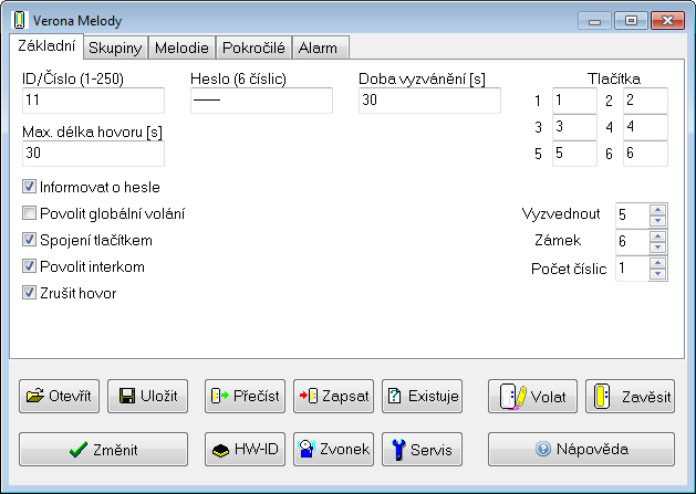 3.4. Základní konfigurace telefonu Verona Melody Konfigurace telefonu je rozdělena do několika záložek (základní, skupiny, melodie, ) podle daného účelu.