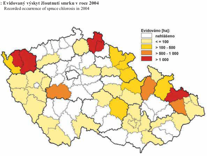 Zdroj: Zpravodaj ochrany lesa. Supplementum, 2005, VÚLHM S dlouhodobou imisní zátěží souvisí tzv. karenční jevy, vyvolané deficiencí živin nebo i stopových prvků.