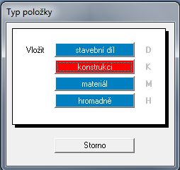 Práce s položkami v rozpočtu Vkládání nové (vlastní) položky podle typu Vložení nového stavebního dílu Vložení nové konstrukční položky Vložení