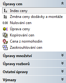 Verze rozpočtu Vkládání nové verze Seznam verzí rozpočtu Hromadné změny Změny pro zvolený rozsah položek: - úpravy cen (indexy, požadovaná částka, aj.