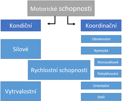 TEORETICKÁ VÝCHODISKA Názory na rozdělení motorických schopností jsou různé. Zpravidla se však rozdělují na dvě základní skupiny a to na kondiční a koordinační schopnosti (Obrázek 1).