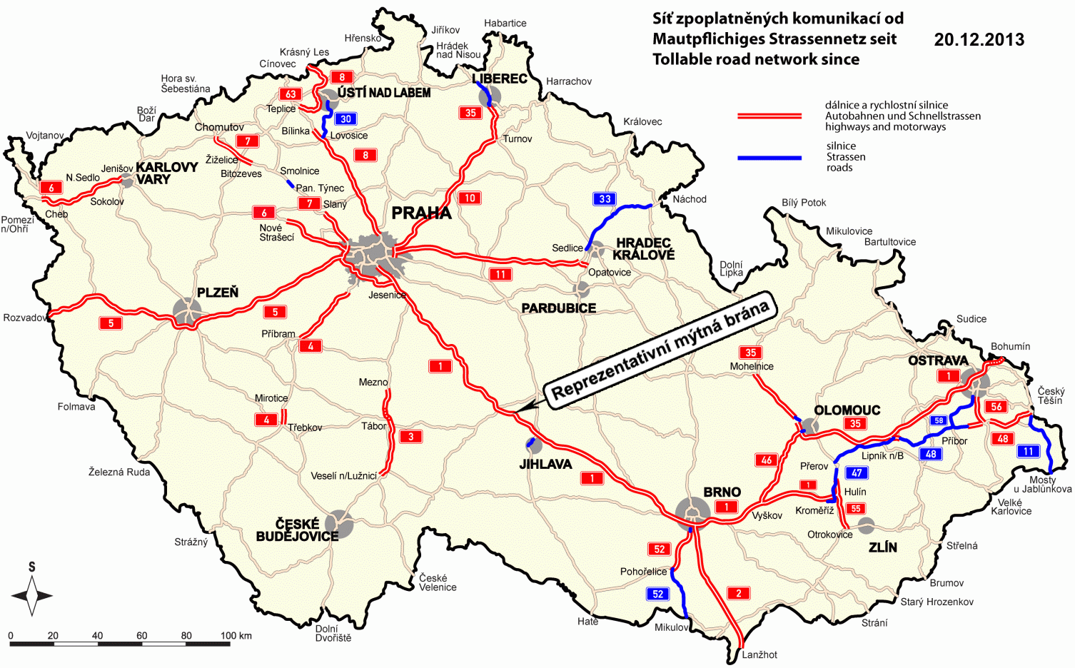 historická data o mýtných sazbách. Z tohoto důvodu používám pouze mýtné sazby v tuzemsku. Obrázek 1 Mapa sítě zpoplatněných komunikací, stav k 20. 12.