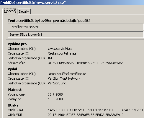 Na následujícím příkladě je ukázáno využití SSL/TSL pro WWW: 1)Certifikát je podepsaný důvěryhodnou CA. Pokud zadáme http://servis24.