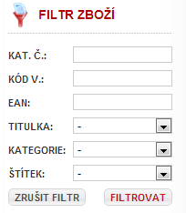 Filtrování zboží Pro filtrování (vyhledávání) zboží můžete použít filtr přímo v tabulce v každém sloupci, nebo filtrovací box v levé části.